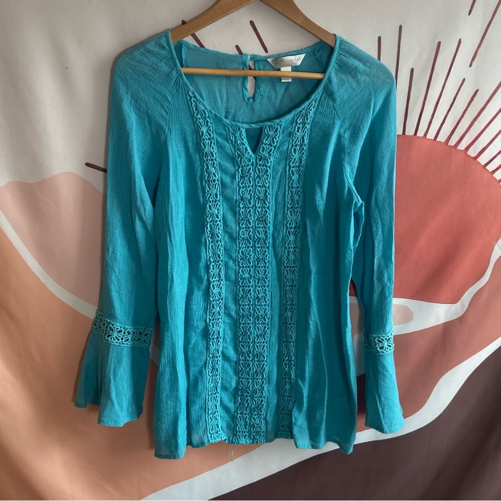 Krazy Kat Women's M Aqua Blue Crochet Beaded Cotton Tunic Top Shirt Cottage